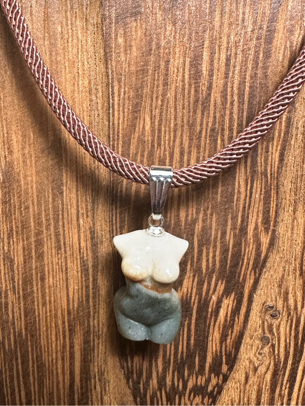 Mini Alashan Agate Grey, Brown, and Cream Body Pendant Necklace on Brown Rope